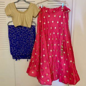 Pink and gold lehenga choli with blue scarf